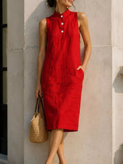 Button Detail Sleeveless Midi Dress in Lotus Color, side view