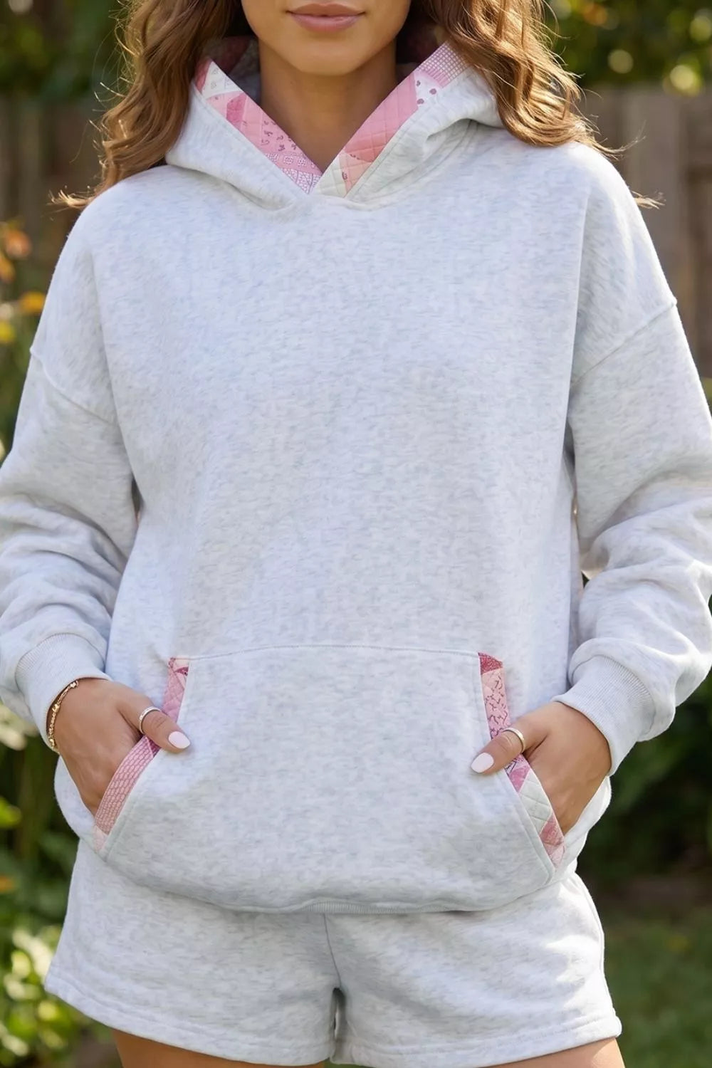 Contrast Patchwork Oversized Hoodie in Light Gray, close-up detail