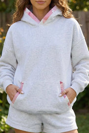 Contrast Patchwork Oversized Hoodie in Light Gray, close-up detail
