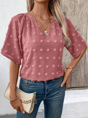 Dusty Pink Swiss Dot Blouse with V-neck and flutter sleeves