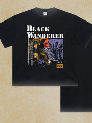 Black Wanderer graphic tee with distressed washed cotton and abstract art print.
