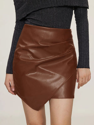 Brown faux leather asymmetric mini skirt with ruched detail