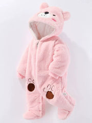 Pink fleece baby snowsuit with bear hood and paw print details.
