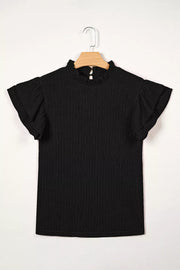 Black textured maternity shirt with frilled ruffle sleeves and mock neck.