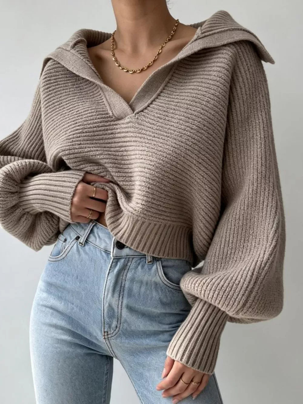 Oversized Collar Ribbed Cropped Sweater in Gray, close-up detail