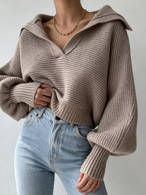 Oversized Collar Ribbed Cropped Sweater in Gray, close-up detail