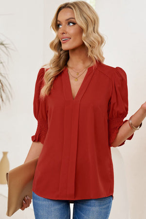 Deep Red puff sleeve v-neck blouse with smocking detail on sleeves