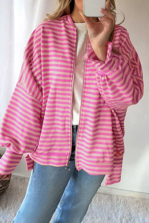 Striped Zip-up Loose Fit Hoodie in Pink, close-up detail