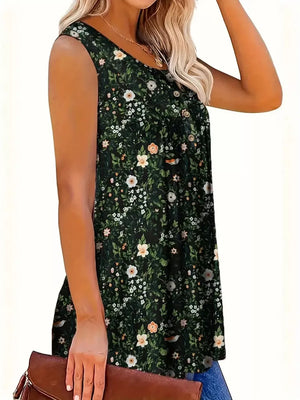 Floral print henley tank top in dark green with button detail and scoop neck.