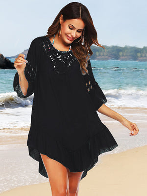 Black lace-trimmed cover-up with crochet neckline and ruffled hem