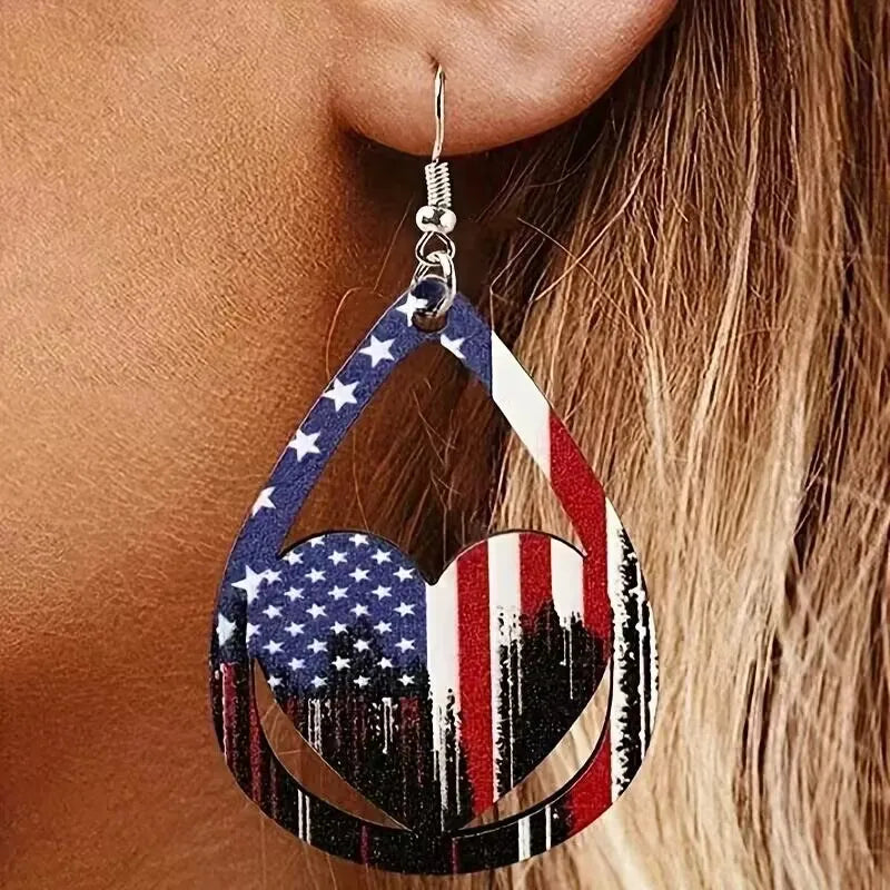 Patriotic teardrop heart earrings with American flag print, multicolor alloy.