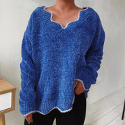 Royal blue knit sweater with scalloped trim and V-neck