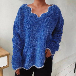 Royal blue knit sweater with scalloped trim and V-neck