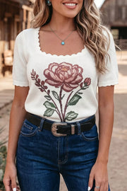Floral Scalloped Knit Top With Short Sleeves