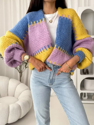 Pastel Harmony Open Front Cardigan with balloon sleeves in pink, blue, and yellow colorblock knit.