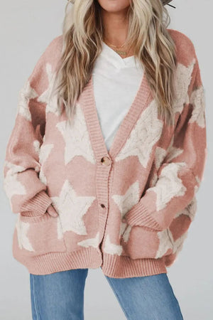 Dusty Pink starburst knit cardigan with button front and pockets.