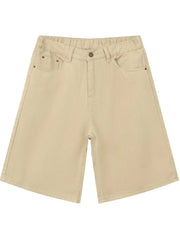 Khaki textured denim bermuda shorts with elastic waistband and button closure.