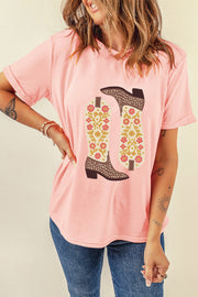 Western boot graphic tee in watermelon pink with floral detail