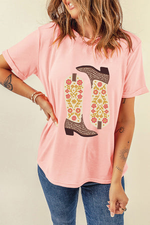 Western boot graphic tee in watermelon pink with floral detail