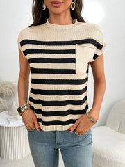 Striped knit tee with a chest pocket and crew neck.