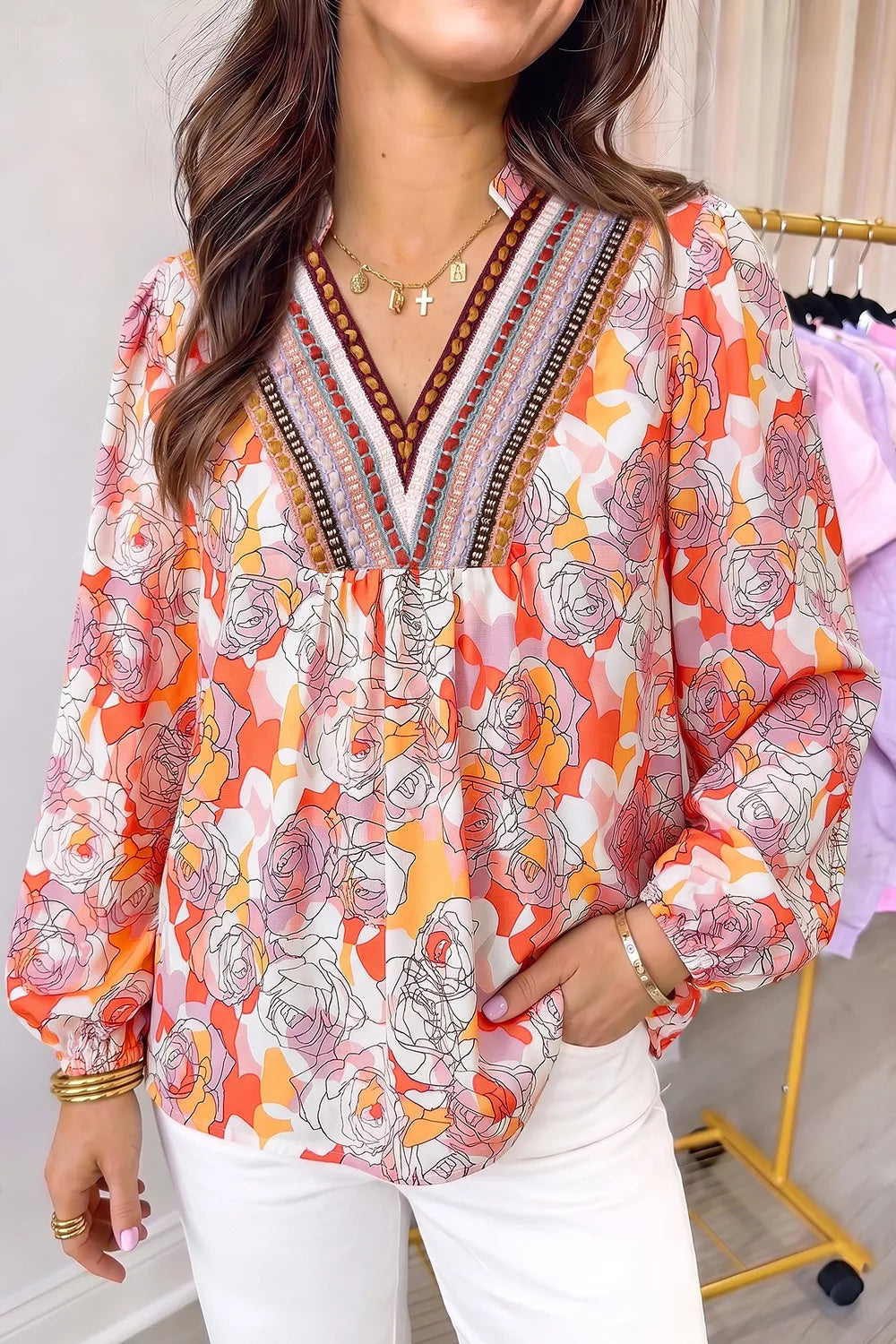 Floral Print V Neck Long Sleeve Blouse, front view