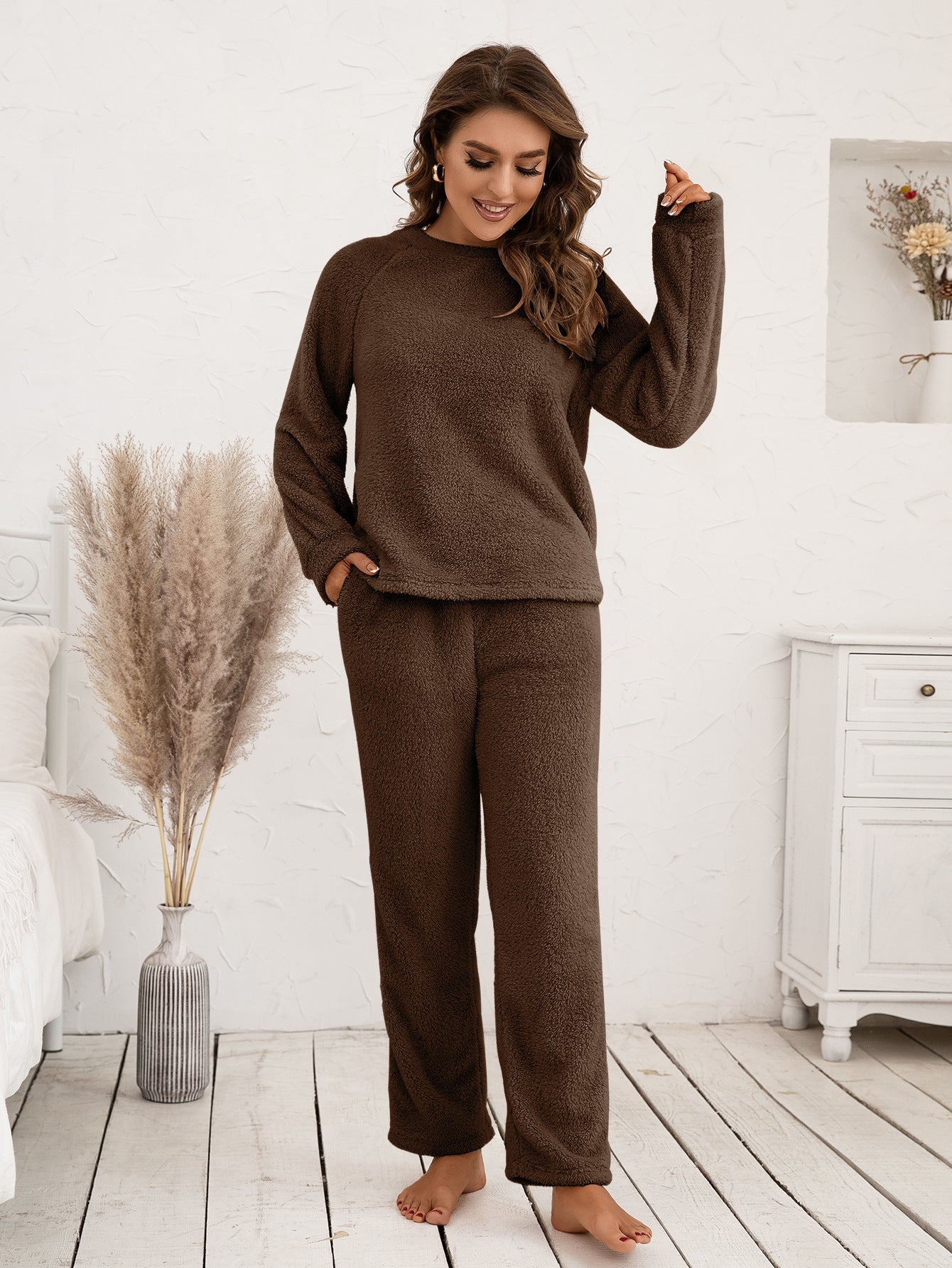 Plush raglan sleeve lounge set in chocolate brown, featuring a crew neck top and relaxed fit pants.