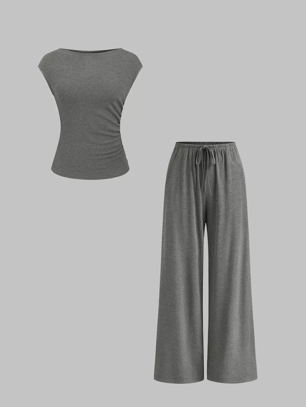 Grey ruched boat-neck top and drawstring wide-leg pants set