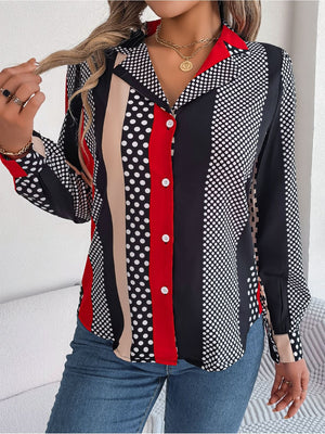 Collared blouse with black, red, beige, and white polka dot and stripe print.