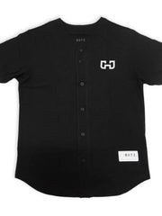 Black baseball jersey with embroidered logo and button front