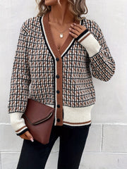 Geometric knit cardigan in caramel with button front and contrast trim.