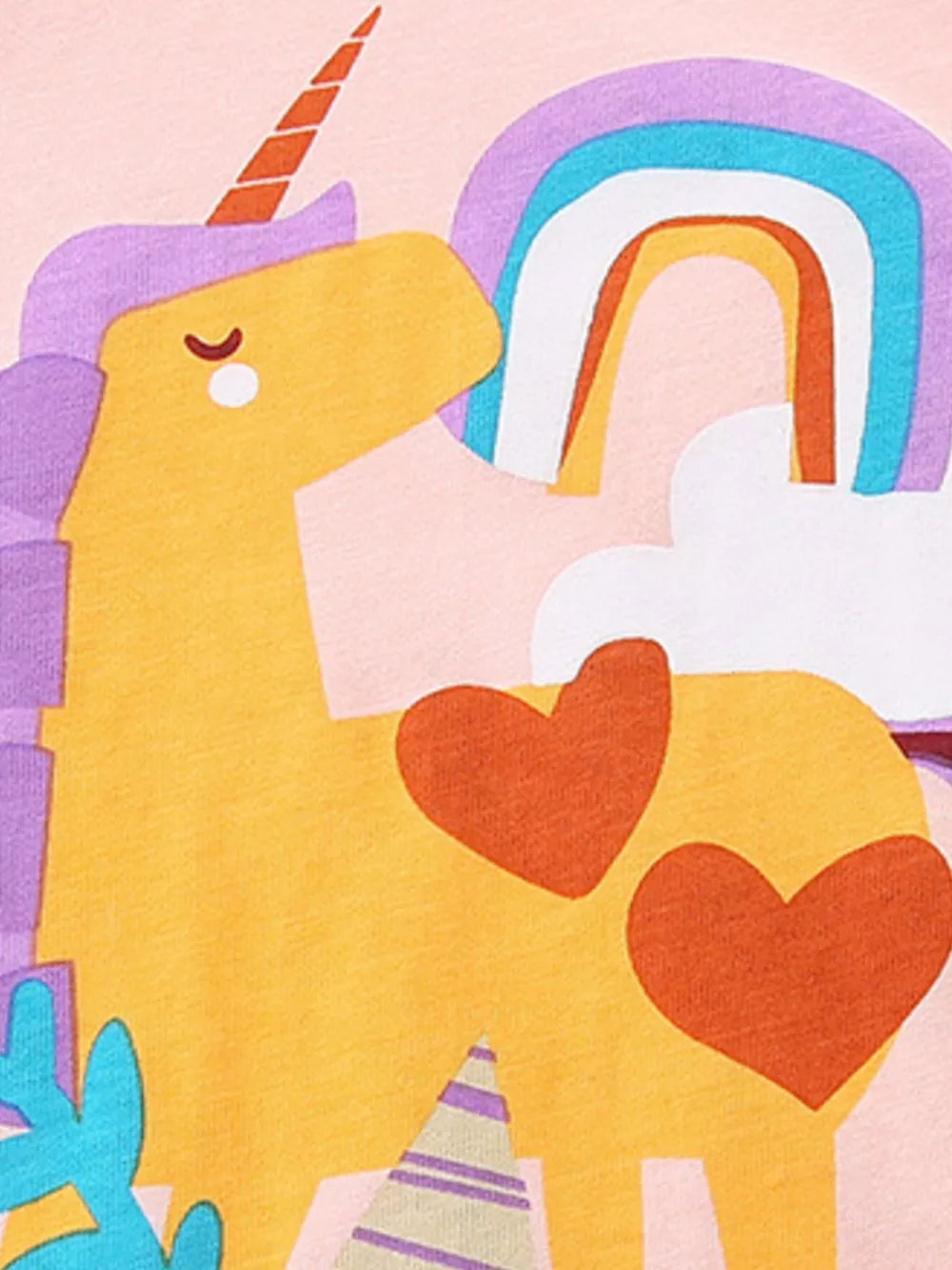 Toddler cotton set with yellow unicorn, rainbow, clouds, and hearts print.