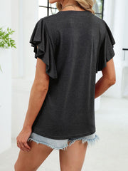 Gray t-shirt with ruffled short sleeves and a notched V-neck.