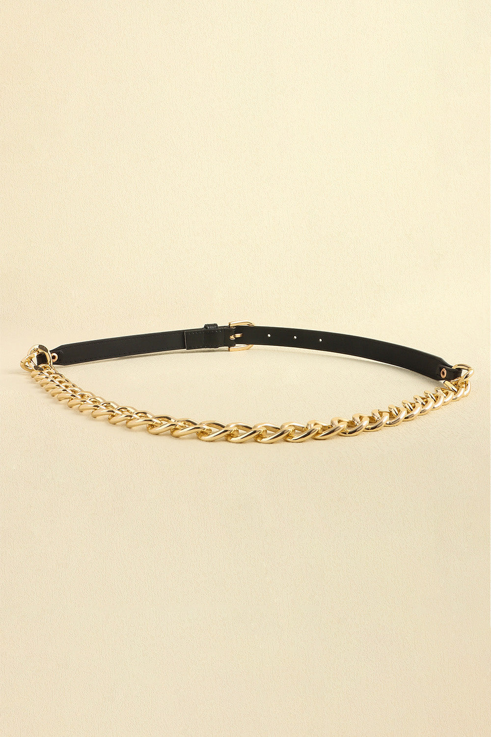 Black leather belt with gold chain accent and buckle