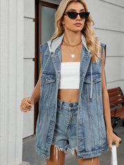 Denim vest with hood and American flag detail, button front, chest pockets