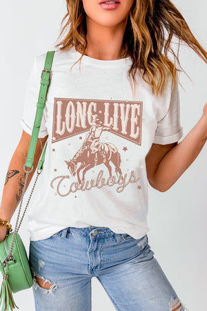 White graphic t-shirt with rodeo cowboy and "Long Live Cowboys" text.