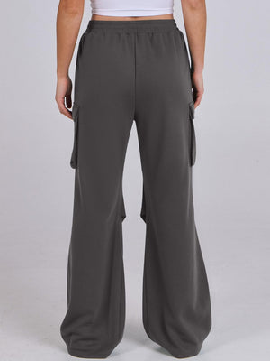 Dark Gray cargo pocket sweatpants with wide legs and a draped fit.