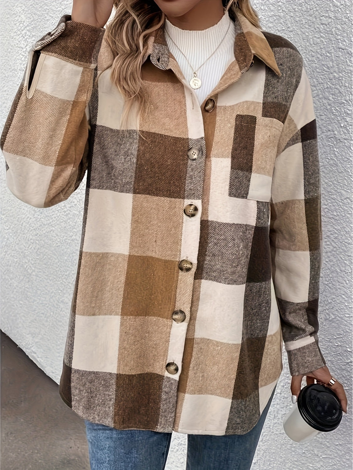 Oversized camel plaid shacket with button detail and chest pocket.