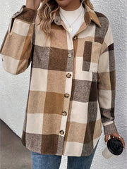 Oversized camel plaid shacket with button detail and chest pocket.