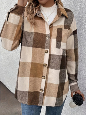 Oversized camel plaid shacket with button detail and chest pocket.