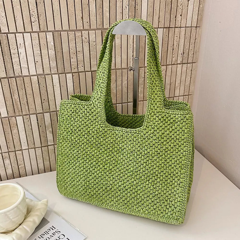 Woven Straw Handbag in Green, fabric detail