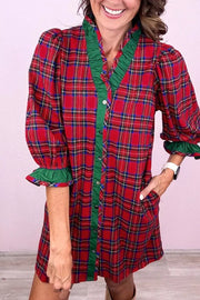 Plaid Ruffle Cuff Button Front Mini Dress in Deep Red, fabric detail