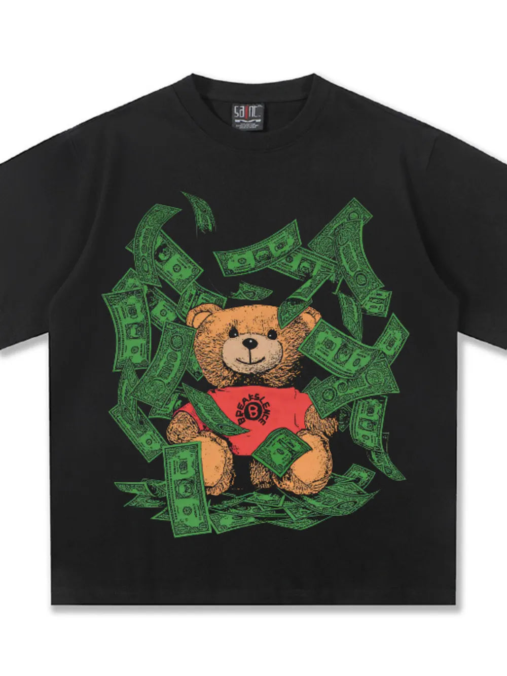 Men's black cotton blend t-shirt with a teddy bear graphic surrounded by money.