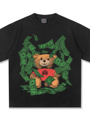 Men's black cotton blend t-shirt with a teddy bear graphic surrounded by money.