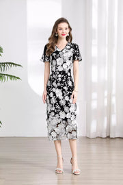 Embroidered Floral Puff Sleeve Midi Dress