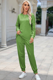 Mid Green plush lounge set with relaxed fit joggers and crewneck sweatshirt.