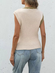 Women's two-tone knit vest in cream and olive green, featuring a ribbed texture and sleeveless design.