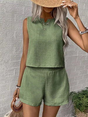 Green textured two-piece set with V-notch sleeveless top and shorts