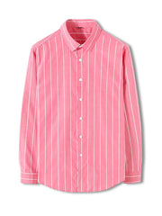 Men's red striped long sleeve button-down shirt made of cotton blend.