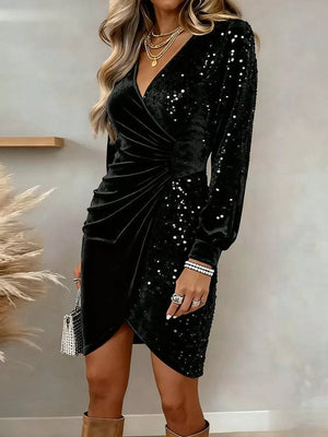Velvet Sequin Long Sleeve Wrap Dress in Gold, side view