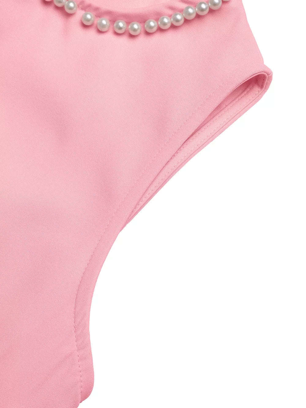 Pink mini dress with pearl trim detail at the neckline and cap sleeves.